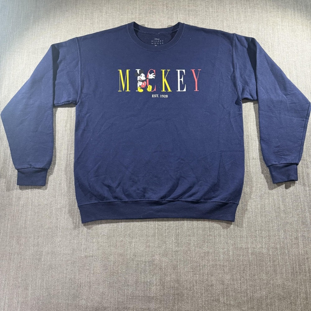 Disney Mickey Mouse Sweatshirt Mens Large Navy Blue Crewneck Pullover Est 1928
